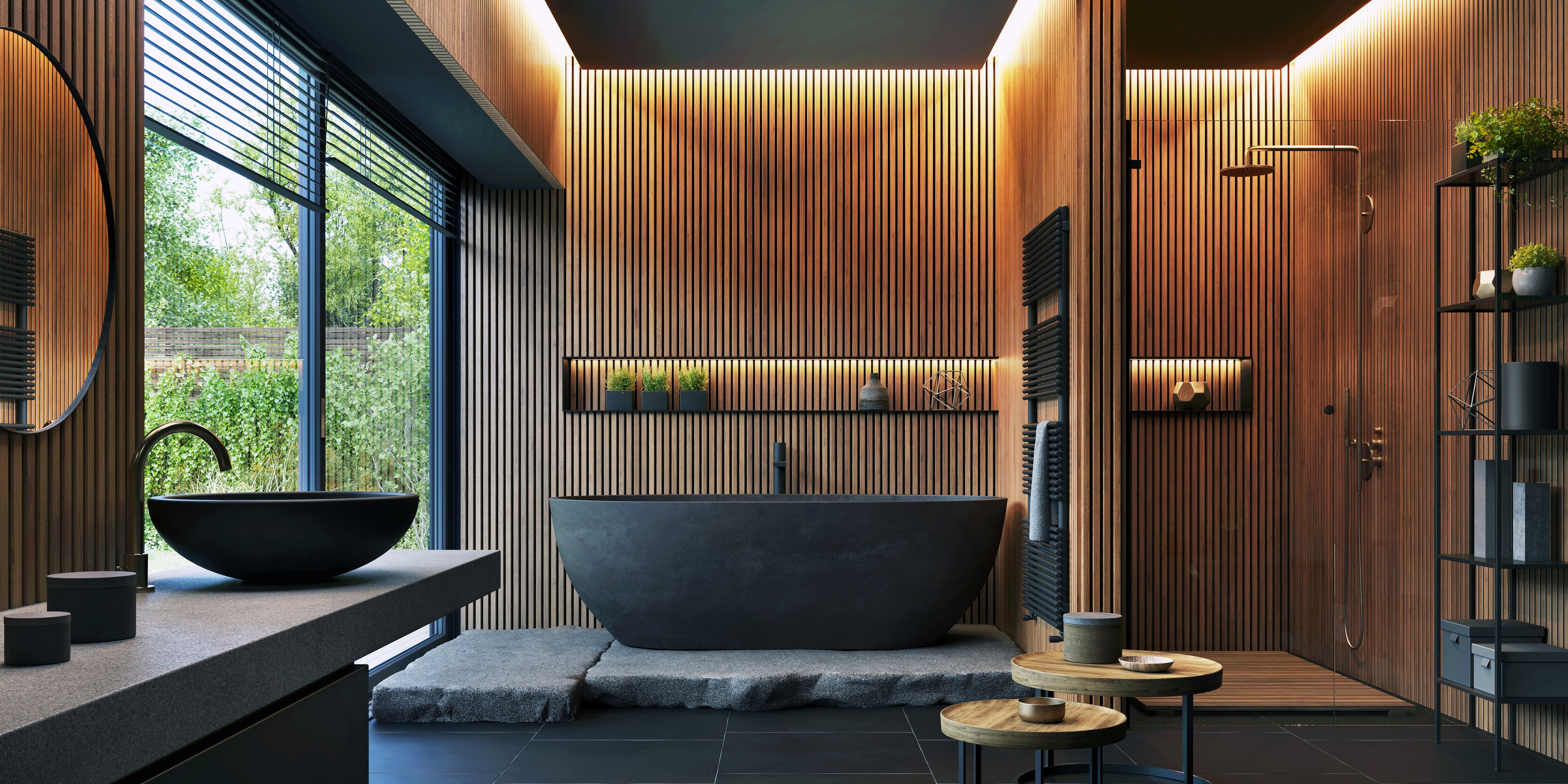 Bathroom interior design with matte black bath and modern shower